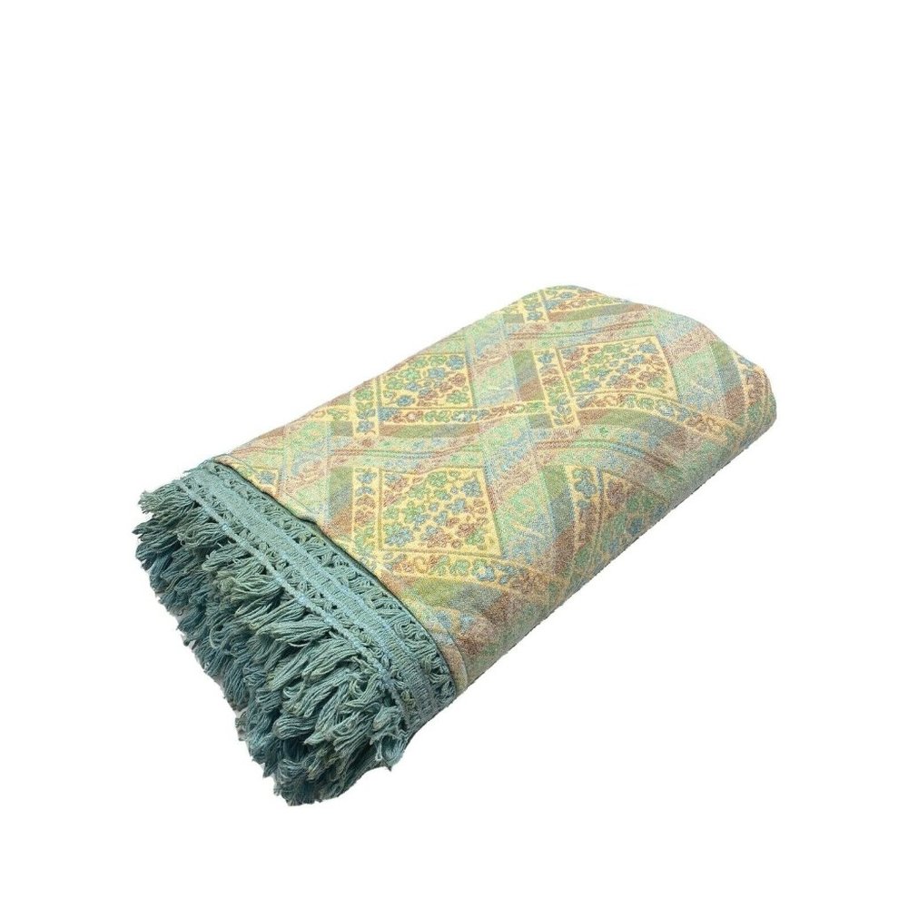 Vintage 50s 60s Large Quilt Blanket Throw Fringe Blue Pattern Rare Retro Heavy